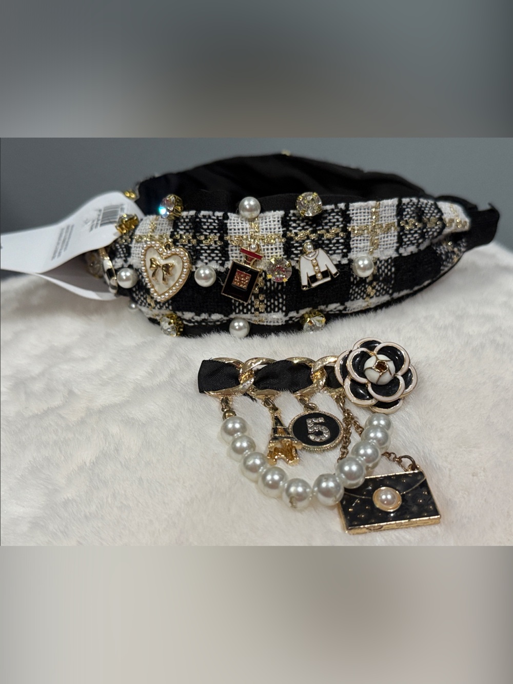 Black & White Tweed Charm headband & fashion pin with Pearl Accents NWT.